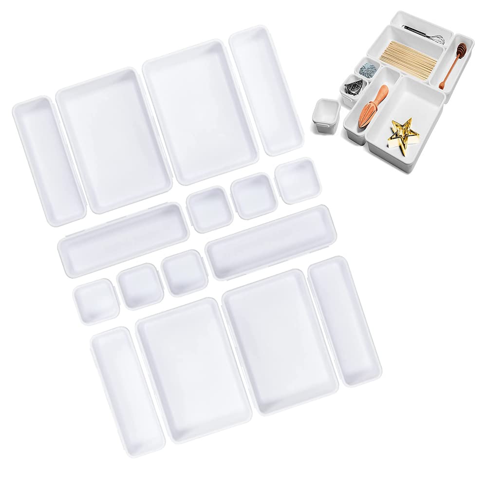 Axroad Mall 16 PCS Desk Drawer Organiser Tidy Dividers, 3-Size Plastic Tray Makeup Drawers Storage Container Separators for Kitchen Bathroom Office Stationery (White)