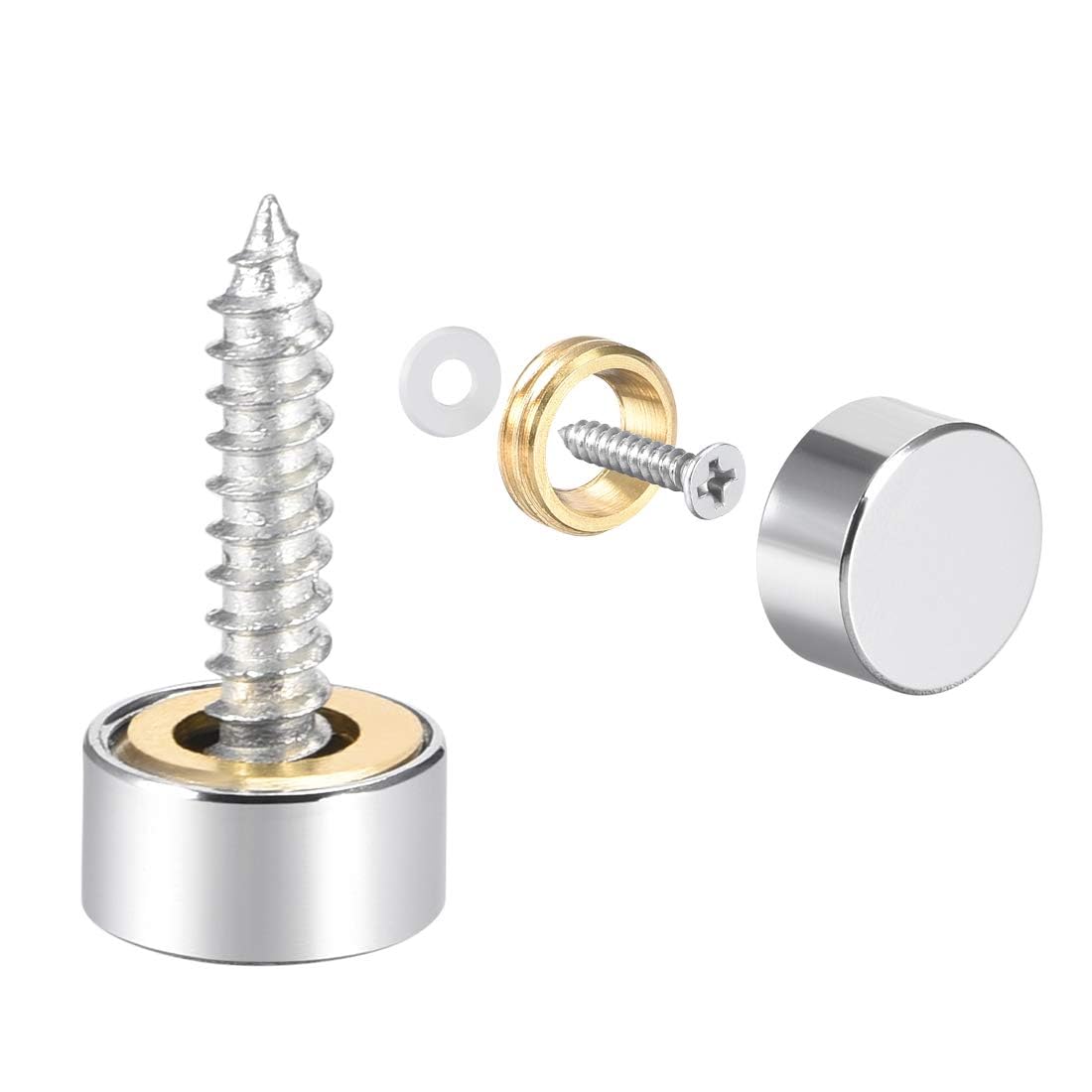 TOP-VIGOR 8Pcs Mirror Screws, 10mm brass Mirror Screws Cap Nail with Washers, Decorative Cap Covers Polished Mirror Nails for Mirrors, Furniture Fittings, Wardrobes, Glass, Silver