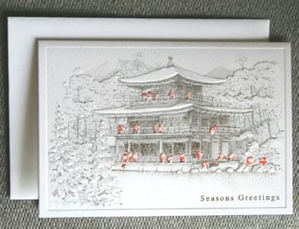 Amazon 日本の風景のクリスマスカード モノクローム 京都金閣寺とサンタクロース グリーティングカード 文房具 オフィス用品
