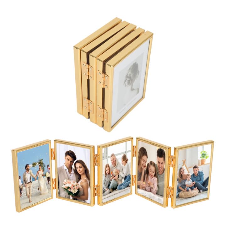 Photo 1 of 5 Folding Hinged Picture Frame 3.5 x 5'' Folding Picture Frames Foldable Hinged Collage Photo Frames with 5 Opening for Tabletop Foldable Photo Frame for Desktop Family Collage Birthday Christmas Gift