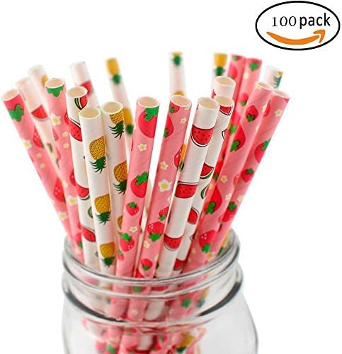 50-Pack Biodegradable Paper Drinking Straws for Party Supplies Bridal/Baby Shower Wedding Decorations, Bulk Paper Straws for Juices, Shakes, Smoothies, Four Fruits Theme