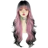 TTYAO REII Black Pink Gradient Wig Women Long Wavy Hair with Bangs Heat Resistant Synthetic Fiber Wig for Fancy Party