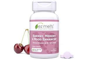 EZ Melts Energy, Memory & Mood Enhancer - B Vitamins Supplement with Vitamin B12, B6, Folate & Biotin - Non-GMO & Vegan - Cherry Berry - 60 Dissolvable Tablets (60 Servings)