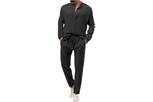 Muscularfit Cotton Linen Sets for Men 2 Piece Button Down Shirt Long Sleeve Drawstring Waist Pants Fall Fashion Outfits 2023