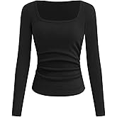 CIDER Long Sleeve Tops for Women Thermal Shirts Square Neck Ruched Basic Fall Top Slim Fitted Casual Tee Shirt