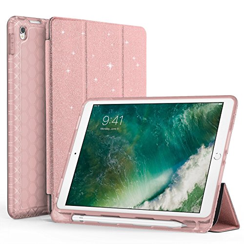 SWEES Compatible iPad Air (3rd Gen) 10.5" 2019 / iPad Pro 10.5 2017 Case, Glitter Slim Full Body Protective Smart Cover Leather Case Shockproof with Stand Built-in Apple Pencil Holder, Rose Gold