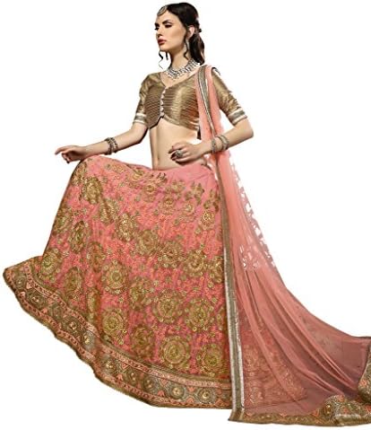 Khushali Presents Embroidered Net Lehenga Choli(Peach,Beige)