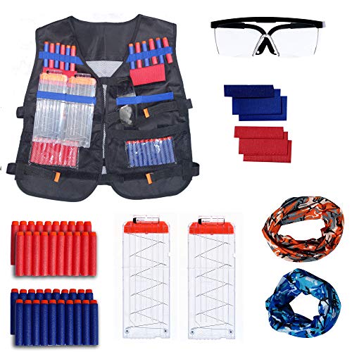 Tactical Vest Kit for Nerf Guns, Includes Red/Blue Team Indicators, Tactical Glasses, 2 Face Tube Masks, 2 Quick Reload Clips, and 40 Darts