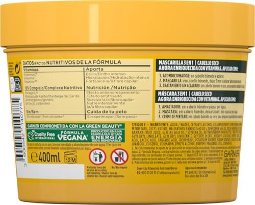Fructis Hair Food Banana Mascarilla 3 en 1 Nutritiva 400 ml para Cabello Seco