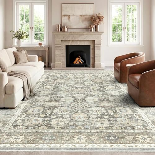 HOMFINE Grau Vintage Teppich Wohnzimmer 240x340 cm - Waschbarer Kurzflor mit Rutschfester Unterseite, weicher Boho Retro für Schlafzimmer Esszimmer Fl