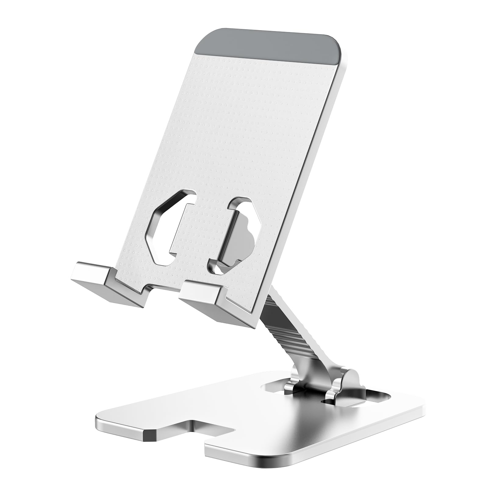 Amzpas Adjustable Cell Phone Stand Metal, Foldable Desktop Cellphone Stand with Anti-Slip Base and Convenient Charging Port, for Phone 17 16 15 14 13 12 11 Pro Xs Xs Max Xr X 8, All Phones