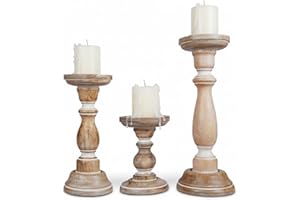 Mela Artisans Wooden Pillar Candle Holders | Tuli Design | Set of 3 Mango Wood Candlesticks | Whitewash | Sizes 6" & 9" & 12" | Decorative Centerpiece for Table | Mantel | Wedding | Living Room Decor