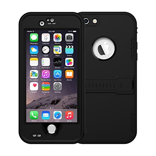 iThrough Stand Function Waterproof Case with Touched Transparent Screen Protector, Heavy Duty Protective Carrying Cover Case includes a 3.5mm AUX Cable for iPhone 6 (4.7 inch) (Black)