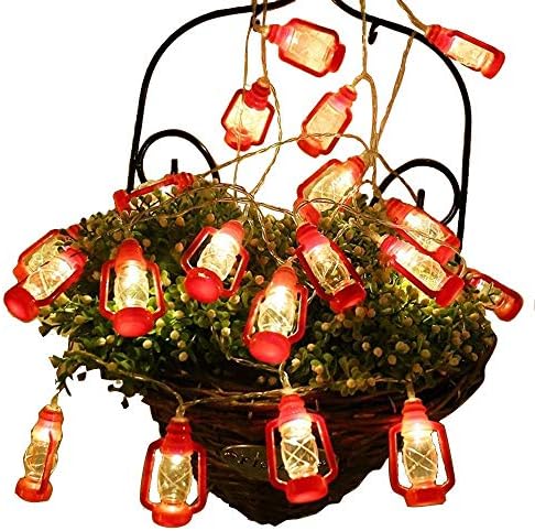 20 LED Red Lantern Mini Kerosene String Lights for Patio Garden Holiday Home Decorations (Warm White Light)