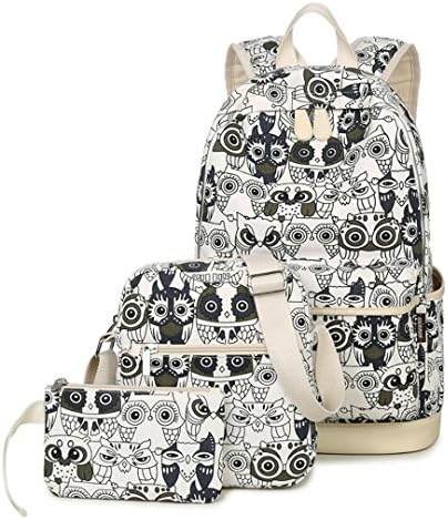 Set Women Animal Owl Printing Backpack Canvas Bookbags School Backpacks Bags For Teenage Girls Bagpack Backbag white set backpack