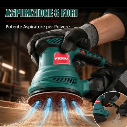 HYCHIKA Levigatrice Orbitale 300W, 6 Velocità Regolabili, 13000 RPM, 12PCS Dischi Abrasivi 125mm (80, 120, 240 Grani), Levigatrice Elettrica, con Scatola di Raccolta della Polvere