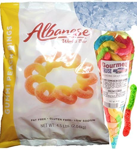 Gummi Gummy Peach Rings Albanese - Bulk Candy 4.5Lb Bag With Worms Sour Neon Gourmet Kruise Signature Gift Bag 10 OZ (NET WT 82 OZ) 2 Item Bundle