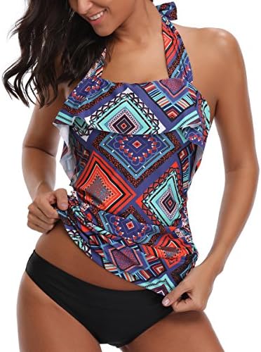 Niuer Women's Two Pieces Backless Neck Halter Flounce Design Printed Tank Top with Hipster Bottoms Tankini Set