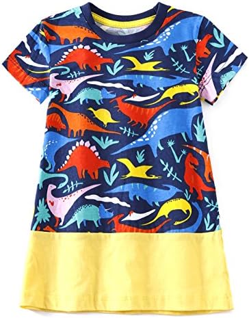 Heris Girl's Summer Cotton Shortsleeve Crewneck Cute Print Dress(3T,Black)
