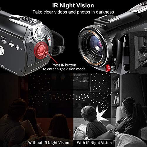 Compact camcorder with detachable lens, microphone, and digital camera buttons on a white background.