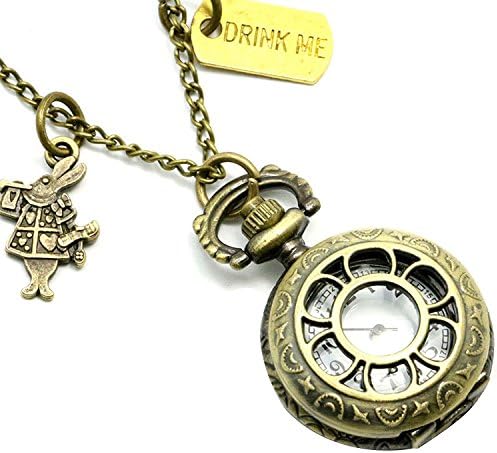 Vintage Drink Me Pocket Watch Necklace Quartz Watch Alice in Wonderland petals hollow