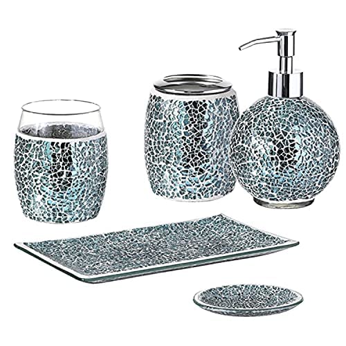 WHOLE HOUSEWARES Bathroom Accessory Set 5Piece Decorative Glass