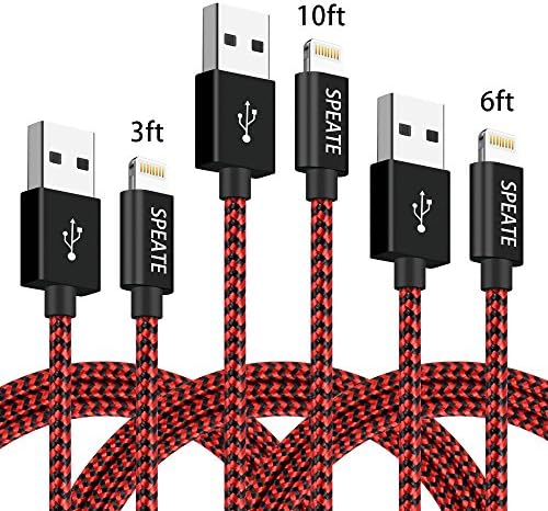 SPEATE,Lightning Charger Cables,3PCS 3FT 6FT 10FT Extra Long Nylon Braid Lightning Cord Charger Cable Compatible with iPhoneX/8plus7/7Plus/6/6s/6plus/6splus/5s,iPad, iPod and More (Red+black)