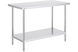 VEVOR Stainless Steel Prep Table, 24 x 48 x 34 Inch, Heavy Duty Metal Worktable with 3 Adjustable Height Levels, Commercial W