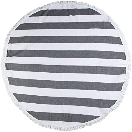 Kikoya Round Beach Towel, 100% Cotton, 60 Inches Diameter (Black &amp; White Stripes)