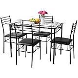 Tangkula Dining Table Set 5 Piece Home Kitchen Dining Room Tempered Glass Top Table and Chairs Breaksfast Furniture, Black