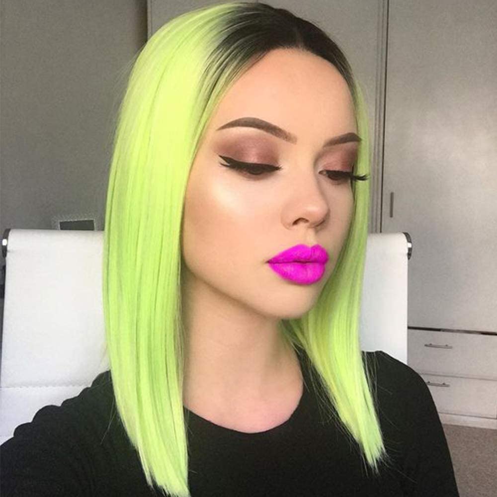 RaianHair 14inches Short Bob Haircut Fluorescent Green Ombre Synthetic Lace Front Wigs For Women Straight Hair Cosplay Replacement UV Color Drag Queen Wigs Natural Hairline(Fluorescent Green)
