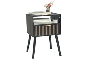 MaxSmeo Black Nightstand with Drawer, Mid Century Modern Bedside Table with Open Shelf Storage, End Table with Solid Wood Legs, Black