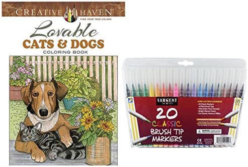 Adult Coloring Book Gift Set, Dover Lovable Cats &amp; Dogs and Sargent Art Firm Brush Tip Marker Pens in a Case, Set of 20: Stress Relieving, Adorable Dogs, Puppies, Cats &amp; Kitties to Color and Enjoy!