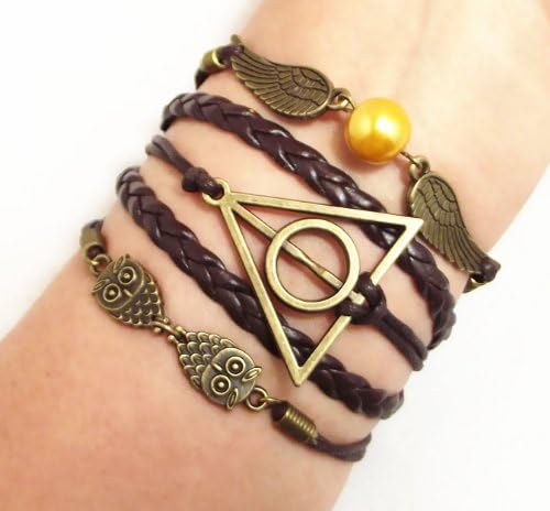 Made in USA B-108 Drak Brown, Infinity,Golden Ball, Snitch Wings &amp; Deathly Hallows Double Owls Bracelet