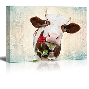 Canvas Print Wall Art - Milk Cow with a Rose on a Retro Style Background - Gallery Wrap Modern Home Art | Ready to Hang - 12x18 inches