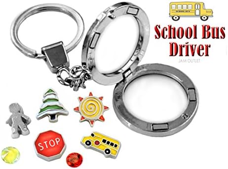 SCHOOL BUS DRIVER 30mm Memory Locket Key Chain Set w/ Floating Charms