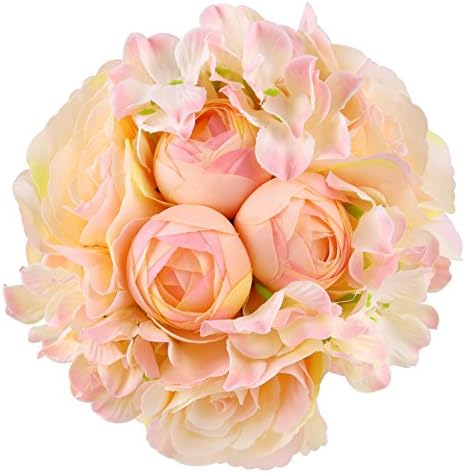 ADolinGo Artificial Flowers Roses Hydrangea Peony Fake Silk 9 Heads Bouquet Wedding Decor (Champagne)