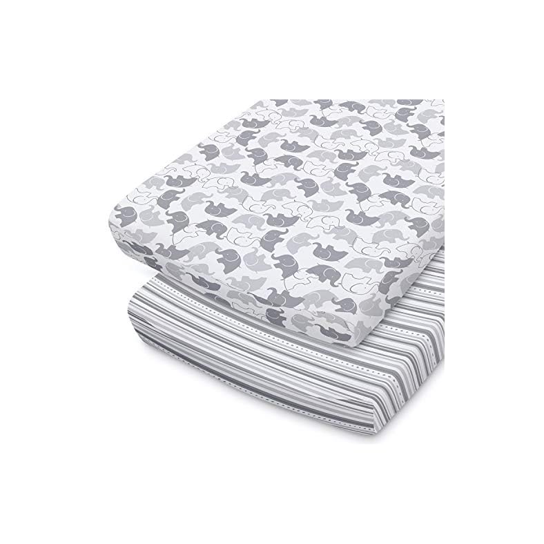 The Peanutshell Baby Changing Pad Covers for Boys or Girls | Grey & White 2 Pack Set | Elephant & Stripes