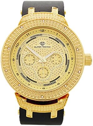 Super Techno M-6261 Mens Diamond Watches: Yellow Gold Tone Watch 0.10ct