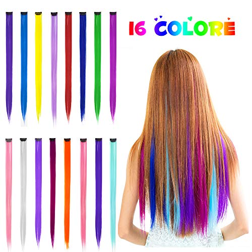 16 Pack Colored Clip in Hair Extensions Hair Wigs Pieces for Women, Synthetic Color Rainbow Tape in Hair Extension Clips, Highlights Straight Pink Red Blue Purple Fake Hair Accessories for Girls