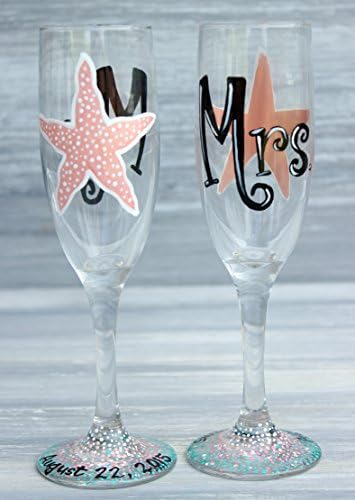 Mrs. and Mrs. Champagne Glasses / Hand-Painted Starfish Champagne Flutes