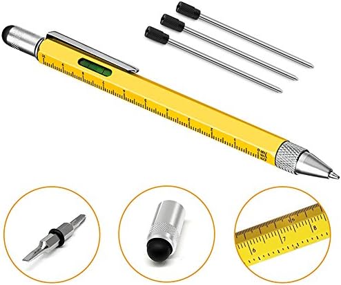 6 in 1 Multi Tool Pen - Touch Screen Stylus Pen with Scale Ruler, Spirit Level, Small Screwdriver Set, Black Gadget Ballpoint Pen with 4 Pen Refills