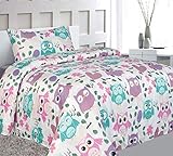 Elegant Home Pink White Blue Purple Cute Beautiful Girls Floral Owl with Hearts Design Fun 3 Piece Printed Twin Size Sheet Set with Pillowcase Flat Fitted Sheet for Girls/Kids # Owls (Twin Size)