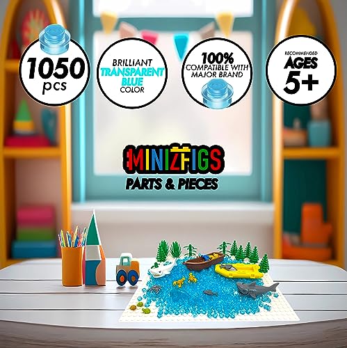 1050PCS Trans-Blue 1x1 Round Plates Bulk Building Blocks Parts and Pieces Dots Pieces Circle Studs Flat Brick Plate Set 100% Compatible with All Major Building Toy Brands 4073