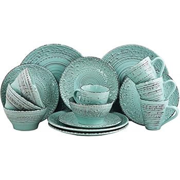 Elama Malibu Waves Embossed Stoneware Ocean Dinnerware Dish Set, 16 Piece, Turquoise