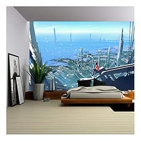 Aerial View with The Man Sitting on Edge of Building Looking at Futuristic City,Illustration Painting - Removable Wall Mural | Self-Adhesive Large Wallpaper - 66x96 inches