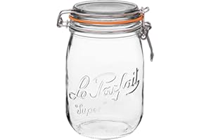 Le Parfait Super Jar, Canning Jar, 1L French Glass Canning Jar w/Round Body, Glass Jar With Airtight Lid, Canning Jar Wide Mouth, Glass Jar With Lid, Clear Jars, Clear Glass Jars (32oz/Quart, 1 pk)