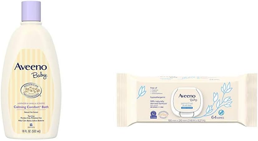 Aveeno Baby Calming Comfort Bath with Relaxing Lavender & Vanilla Scents, Hypoallergenic, 18 Fl Oz (Pack of 1) with Sensitive All Over Wipes, 64 ct (Pack Of 3)