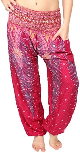 Women's Harem Pants In Pink Hippie Peacock Print - Large