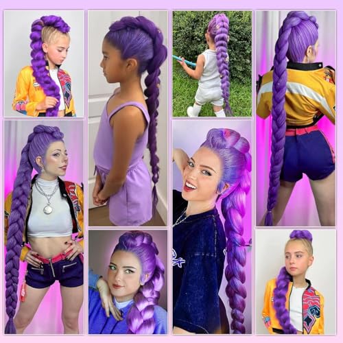 2PCS Purple Pre-Stretched Braiding Hair, Texture Synthetic Fiber Long Purple Hairs Extensions Synthetic Profession Purples Hair Extensions for Braids, Halloween Costume Cosplay Hairs Extensions